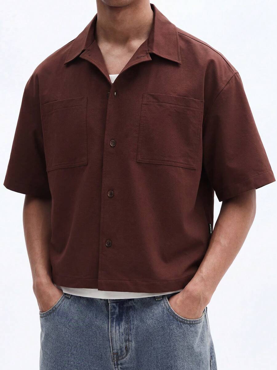 SUMWON Áo sơ mi nam màu nâu, cổ bẻ, tay ngắn, có túi ngực, kiểu dáng thường ngày, phù hợp cho mùa hè. - màu nâu - Xem 1