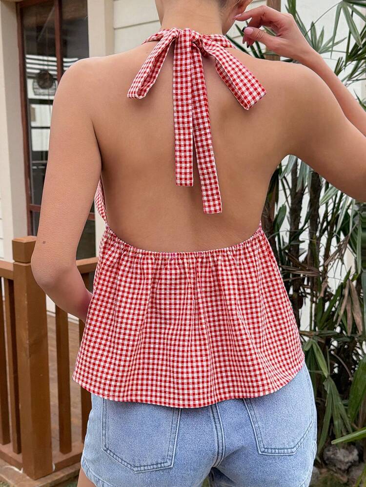 Beach Party Holiday Outfit Summer Cotton Red Plaid Halter Neck Cinched Waist Tank Top For Women