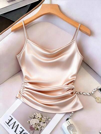 GlowEve CURVE Plus Size Women Casual Elegant Champagne Pleated Camisole Top, Spring/Summer