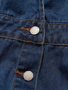 EMERY ROSE Mature Denim 女士纯色V领无袖休闲牛仔连衣裙，带口袋和前扣 - 藍色 - 查看 5