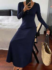 DAZY Charming Lace Patchwork Ruched Waist Long Dress Nightgown For Women Pajama - Navy Blue - View 2