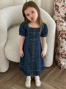 Hapijoa Tween Girls Square Neck Short Sleeve Denim Dress For Summer,Back To School Clothes - Blue - View 4