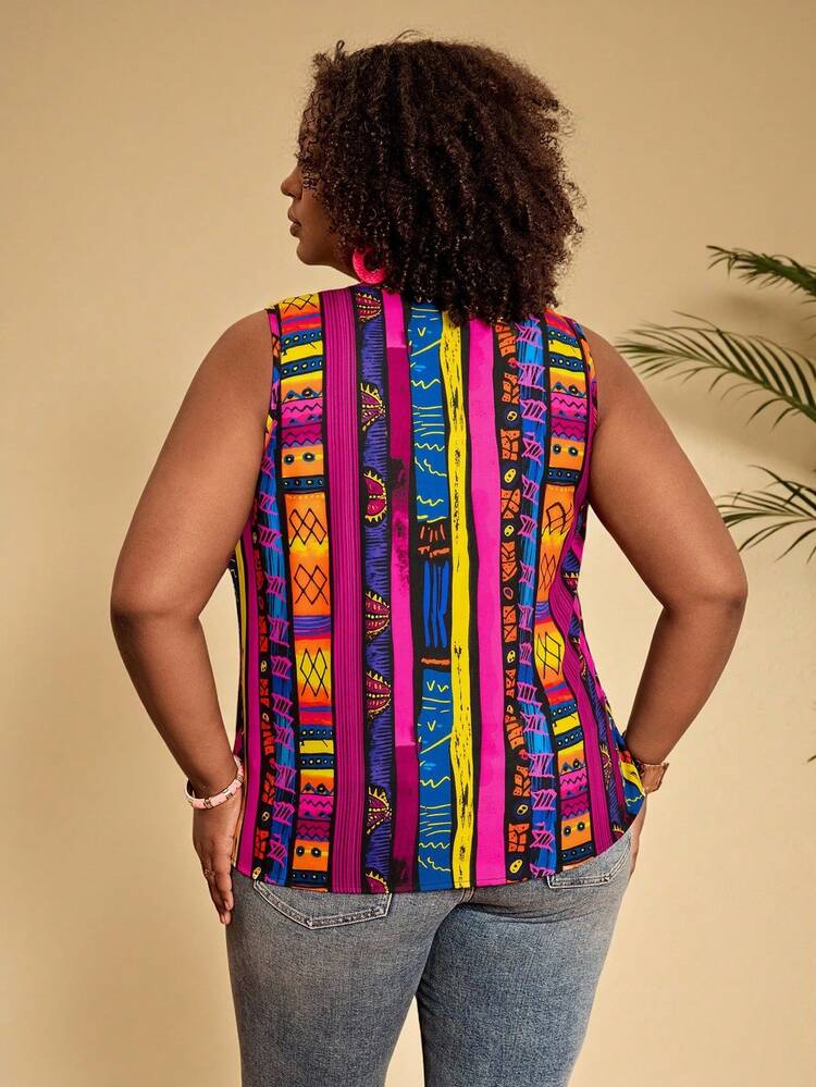 Plus Size Women Geometric Pattern V-Neck Casual Sleeveless Blouse,Summer Holiday Outfits