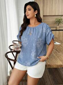 Weeklong 大码女式休闲度假圆领插肩袖印花宽松衬衫，适合日常穿着和度假。 - 藍色 - 查看 6