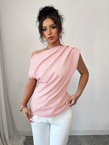 Elenzga Women's Summer Solid Color Elegant Asymmetrical Shoulder Ruffle Batwing Sleeve Blouse - Baby Pink - View 7