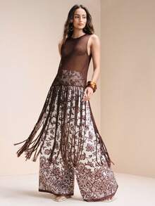 Arave Áo len nữ dáng ôm cổ tròn, dệt rỗng, thiết kế tua rua thủ công. - màu nâu - Xem 1