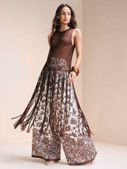 Arave Suéter feminino casual de gola redonda ajustada, tricô vazado, com detalhe de franjas feito à mão.