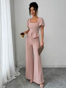 SHEIN Elenzya Bộ đồ công sở thanh lịch, thời trang dành cho nữ gồm 2 món: Áo thun cổ vuông tay ngắn cài cúc vạt lệch và quần ống đứng cạp cao co giãn. - Hồng - Xem 7