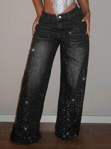 SHEIN Tall Pantalones vaqueros de pierna ancha con cintura alta, lavados y con rhinestones de moda para personas altas - Negro - Ver 6