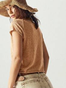 Bohemela 纯色针织船领修身水洗女式T恤 - 橘色 - 查看 7