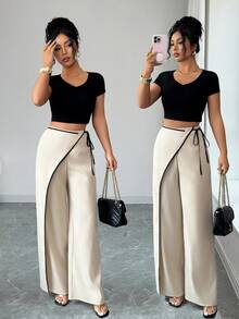 Elenzga Tall Elegant Apricot Color-Blocking Wide-Leg Women's Suit Pants - Apricot - View 1
