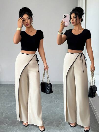 SHEIN Tall 优雅杏色撞色阔腿女士西装裤