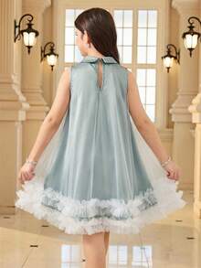 SHEIN Young Girl Woven Solid Color Contrast Mesh Ruffle Hem Sleeveless Dress, Young Girls - Cadet Blue - View 5
