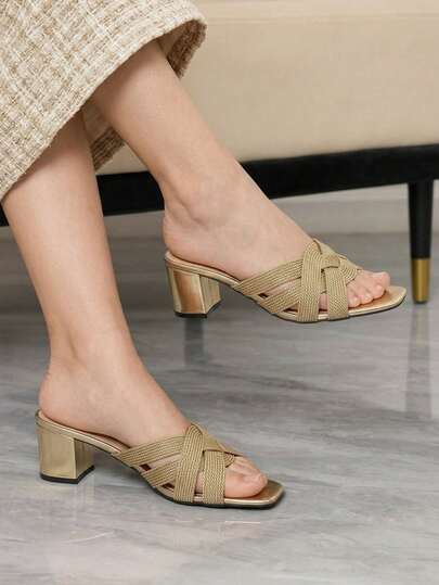 Sleekvia Women's Strappy Woven Open Toe Comfortable Chunky Heel Sandals, Minimalist Gold Color, Suitable For Work And Commute