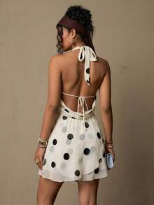 Freevana Plus Size Women's Polka Dot Halter Backless Dress,Black And White Summer Elegant Wedding Guest Boho Chiffon Retro Hippie Island Vacation Beach Party - White - View 3