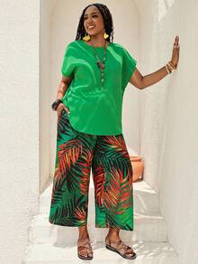BrightlyHer Plus Size Women Casual Solid Color Top And Floral Print Pants Set Gym Brown Summer - Multicolor - View 3