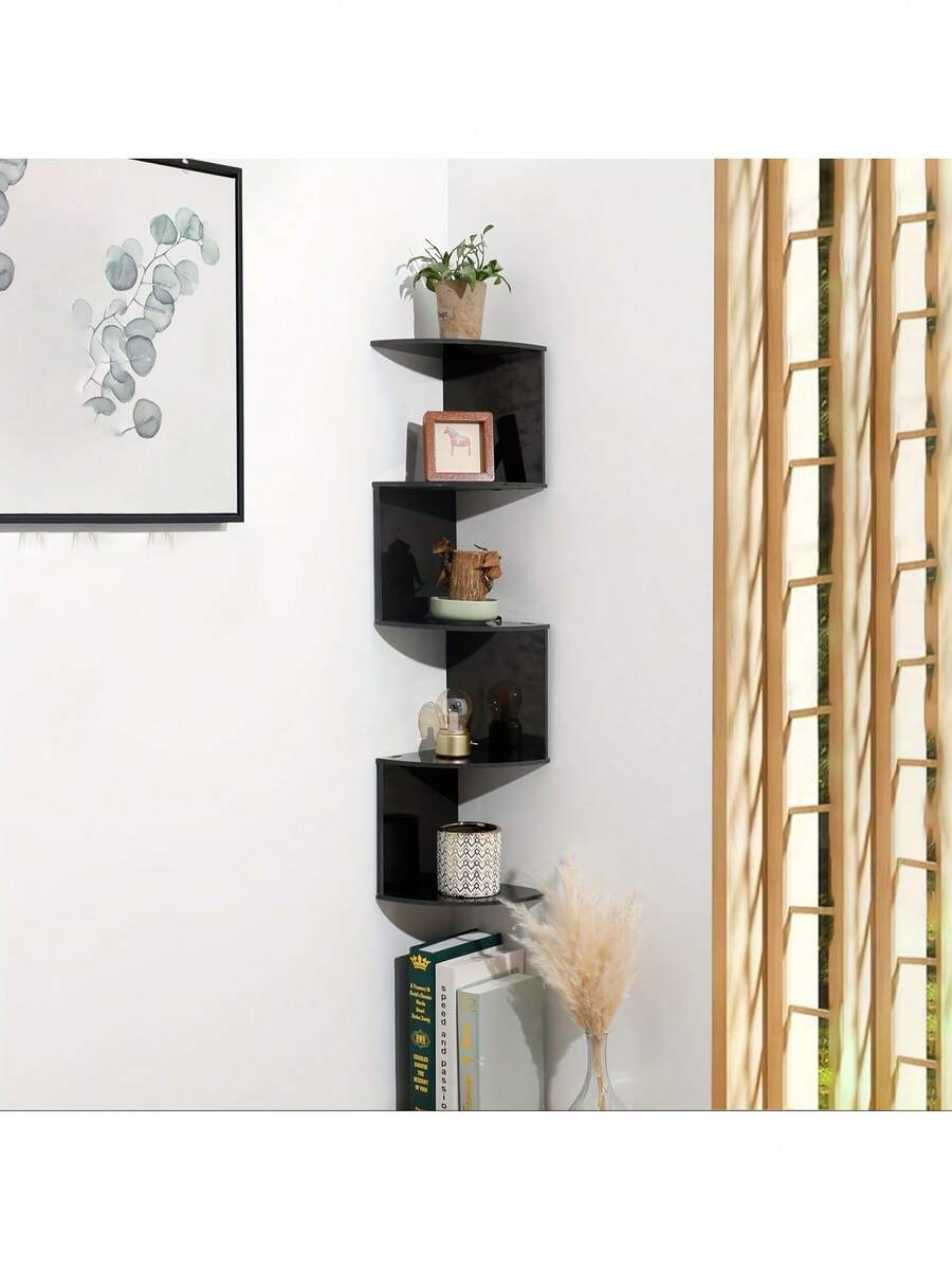 1pc Black/White 5-Tier Corner Shelf, Wall-Mounted Triangular Storage Rack, Corner Shelf, Tiered Bookshelf, Kitchen Storage, Multi-Layer Corner Rack - Multicolor - View 1