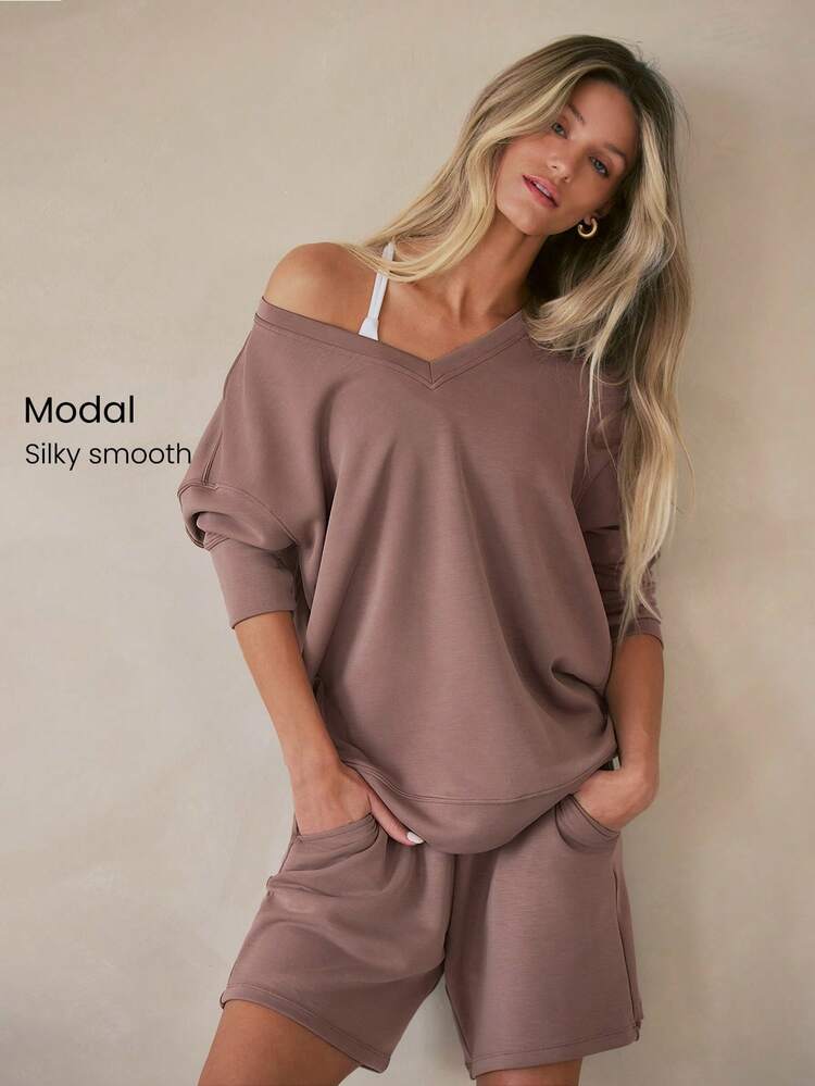 Modal Silky Smooth Oversized V-Neck Hip Length Long Sleeve Sweatshirt With Thumbholes Daily Casual Fall Fall Winter