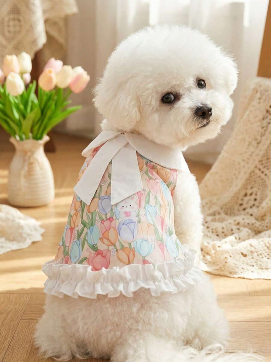PETSIN Un vestido de princesa con estilo de tulipán de primavera y conejito, con cuello de muñeca y dobladillo con volantes, ideal para que los gatos y perros lo usen cuando salen. - Rosa - Ver 1
