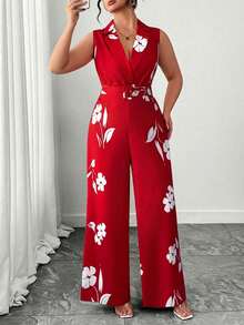 Elenzga Plus Size Women Floral Print Lapel NeckWide Leg Sleeveless Elegant Jumpsuit - Multicolor - View 5