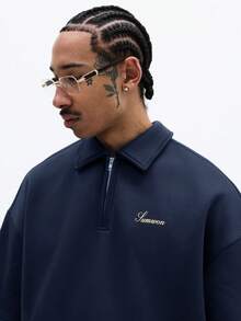 SUMWON 男士短袖 Polo 衫，翻领半拉链前襟，饰有刺绣 Logo，休闲上衣 - 黑色 - 查看 4
