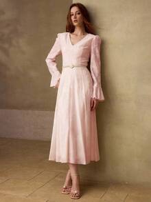 MOTF PREMIUM ELEGANT JACQUARD FABRIC MID-LENGTH DRESS FOR WOMEN TEA PARTY PINK AUTUMN - Baby Pink - View 6