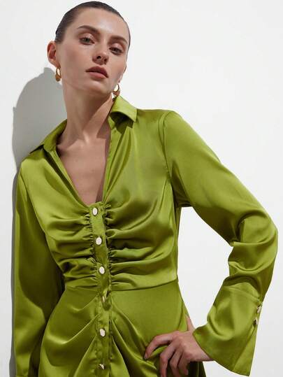 Aveloria Modichic Women's Satin Fabric Slim Fit Waist Button Up Front Ruched Design Lapel V-Neck Flare Sleeve Elegant Dating Retro Modern Short Green Dress Elegant Dresses For Women Green Dress Wedding Guest Dress For Women