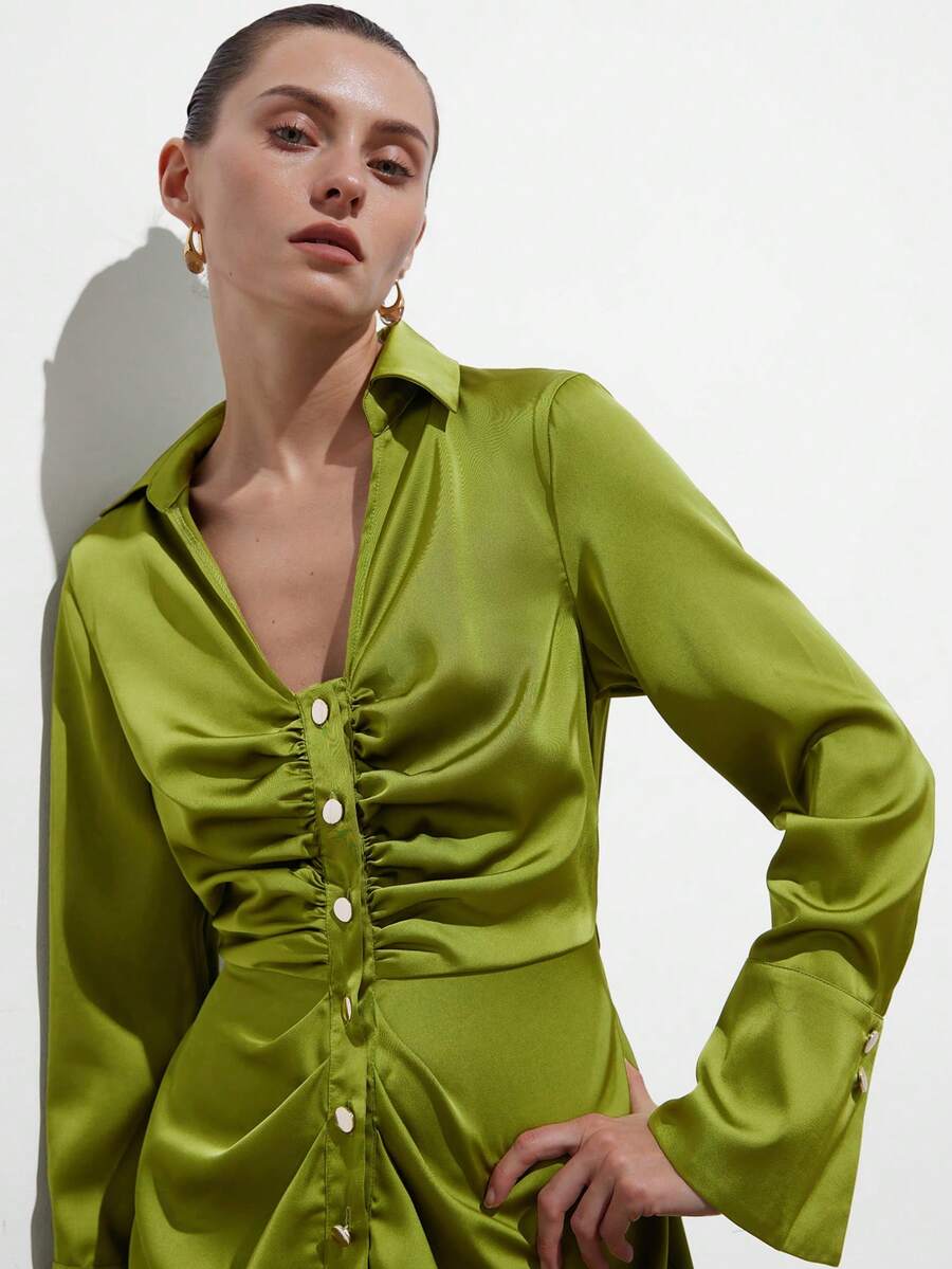 Aveloria Modichic Women's Elegant Lime Green Satin Dress,Autumn Slim Fit Ruched Design Button Up Lapel V-Neck Flare Sleeve Short Green Wedding Guest Dress For Brunch - Green - View 1