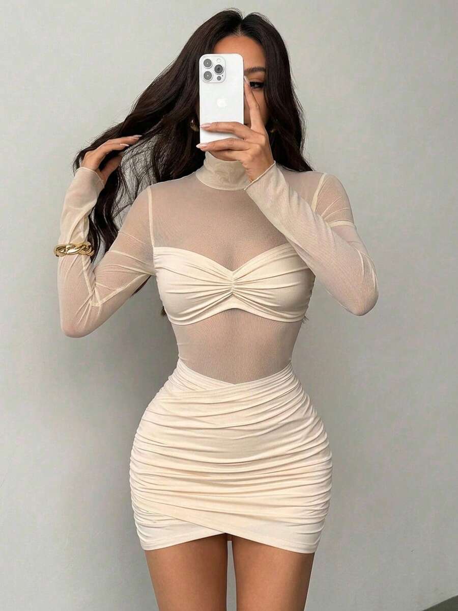 SHEIN PETITE 女士时尚性感网纱拼接立领迷你连衣裙，适合秋冬季感恩节和新年穿着，秋冬季感恩节和新年派对礼服，女士派对连衣裙