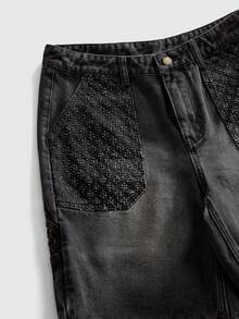 ROMWE MEN Grunge Punk Men's Casual Washed Denim Shorts, Summer - Black - View 4