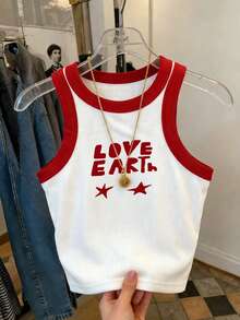 Resyla Áo tank top nữ cổ tròn, in chữ và ngôi sao, phối màu tương phản, kiểu dáng thường ngày. - Nhiều màu - Xem 1