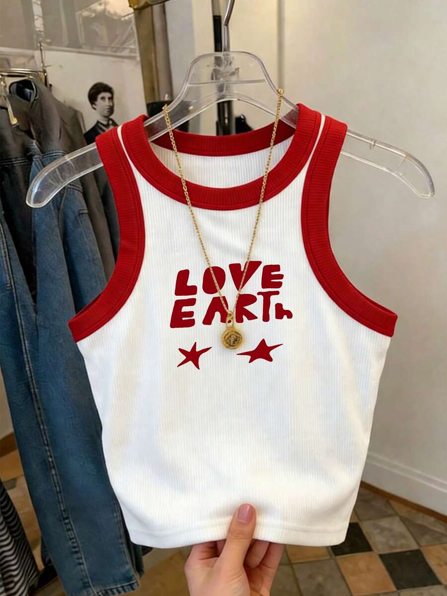 Resyla Áo tank top nữ cổ tròn, in chữ và ngôi sao, phối màu tương phản, kiểu dáng thường ngày. - Nhiều màu - Xem 1