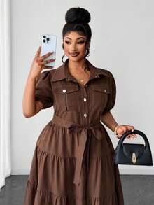 Maweii Plus Size Women Casual/Commute/Vacation Coffee Brown Short Sleeve Button Front Summer Dress - Brown - View 5
