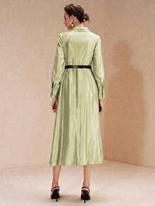 Arave Women Satin Textured Fabric A-Line High Waist Silhouette Shirt Collar With Leather Belt Pleated Hem Single Breasted Elegant Office Wear Dress For Women Green Dress Office Outfits For Women.Casual Waist-Tight And Slim Long Dress - Pastel Green - View 4
