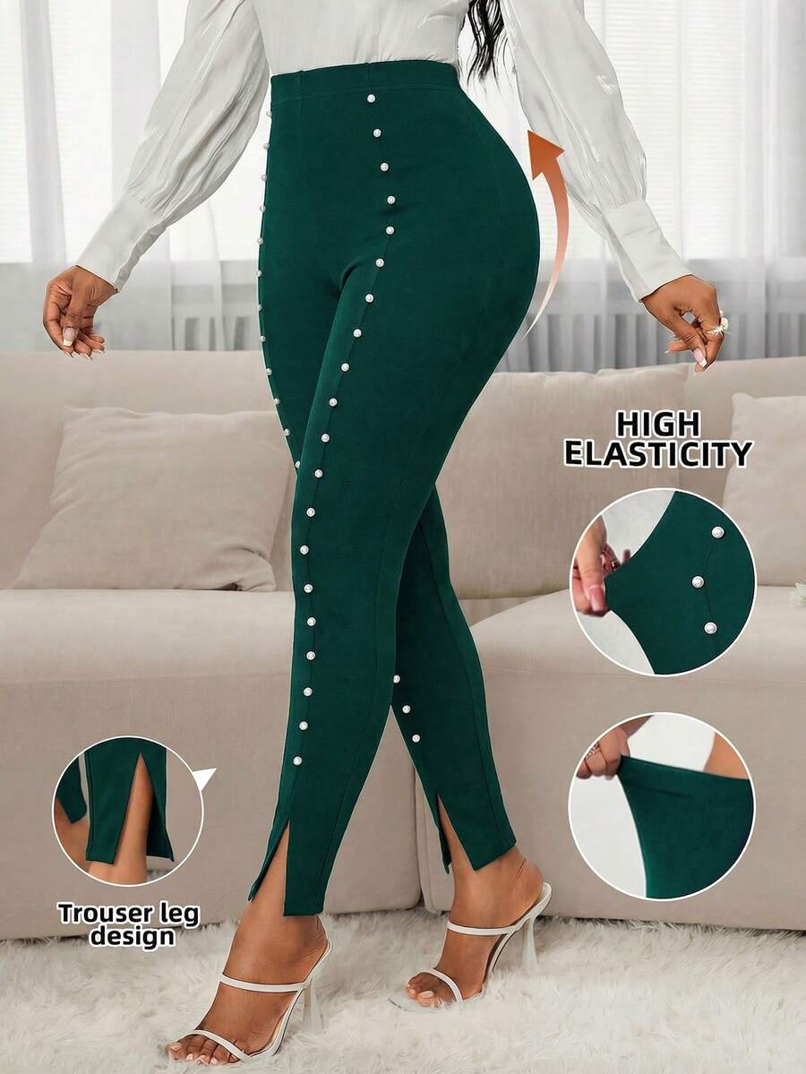 SHEIN Lady Quần legging nữ cạp cao, xẻ tà, đính hạt cườm - Màu xanh lá cây đậm - Xem 1