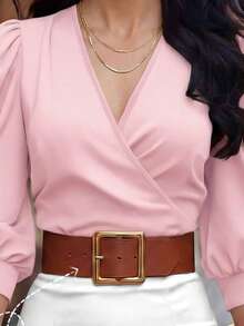 EMERY ROSE Stylish Pink Woven Fabric Top With V Neck And Bishop Half Sleeves Elegant Wrap Blouse - Pink - View 6