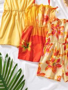 SHEIN Genkimix Kids Bộ 3 món cho bé gái tuổi teen, kiểu dáng thường ngày, họa tiết hoa và sọc, màu trơn, thích hợp cho gia đình nhiều con, đi biển, chơi ngoài trời và đi học. - Màu vàng - Xem 5