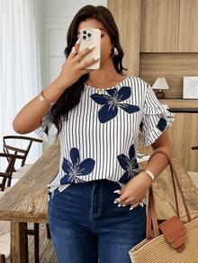 Weeklong Plus Size Women's Casual Floral Puff Sleeve Striped Printed Vacation Shirt, Spring/Summer - Multicolor - View 3