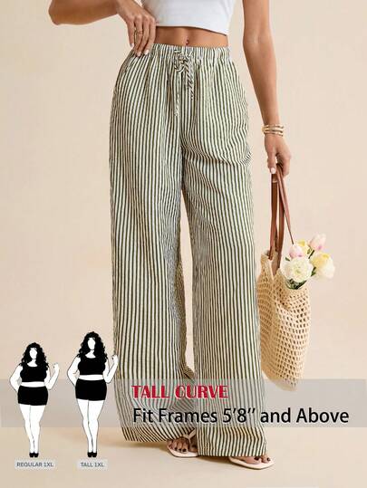 SHEIN Tall CURVE Pantalones anchos de pierna ancha a rayas, de cintura con cordón, versátiles y casuales, para uso diario, tallas grandes para mujeres