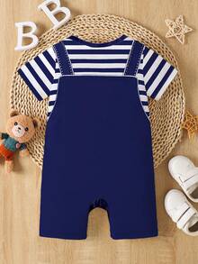 SHEIN Baby Boy Cute Bear Striped Print Short Sleeve Romper, Suitable For Summer - Multicolor - View 2