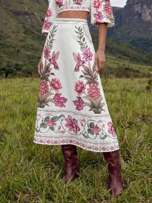 CAJUNI Chân váy maxi dáng xòe màu trắng ngà, kiểu boho với họa tiết nhiệt đới. - Màu be - Xem 4