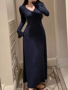 DAZY Charming Lace Patchwork Ruched Waist Long Dress Nightgown For Women Pajama - Navy Blue - View 4