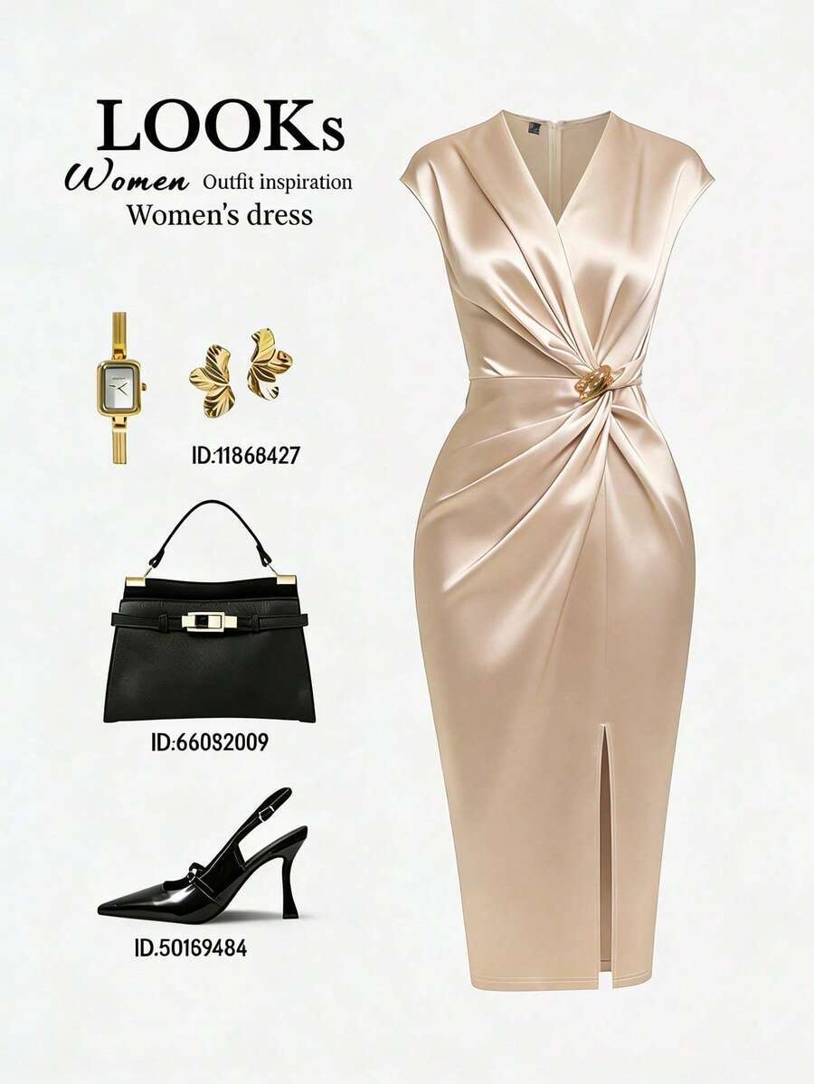 SHEIN Franclia Vestido de seda dorada con cuello en V, mangas raglán, cintura con detalle cruzado y hebilla metálica, falda midi con abertura lateral entallada: una opción lujosa para eventos con cóctel, citas y trayectos elegantes. Vestido de mujer para ocasiones especiales, invitada de boda, vestido formal, vestido elegante de mujer, de moda - Albaricoque - Ver 1