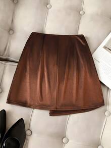 GlowEve 咖啡棕色不对称金属扣优雅女士短裙 - 咖啡棕 - 查看 2
