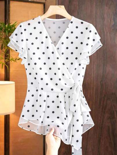 Franclia V-Neck Ruffle Trim Spaghetti Strap Waist Cinched Chiffon Blouse
