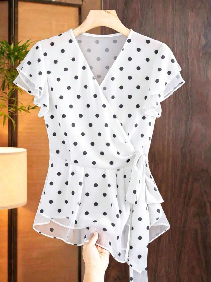Franclia V-Neck Ruffle Trim Spaghetti Strap Waist Cinched Chiffon Blouse - Multicolor - View 1