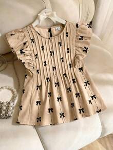 SHEIN Áo kiểu tay ngắn cổ tròn dáng rộng in nơ cho bé gái tuổi teen - Màu Khaki - Xem 4