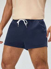 HIMLAND Solid Color Drawstring Pocket Casual Loose Knit Shorts, Versatile For Summer Daily Wear, Vacation, Father's Day Gifts - Navy Blue - View 4