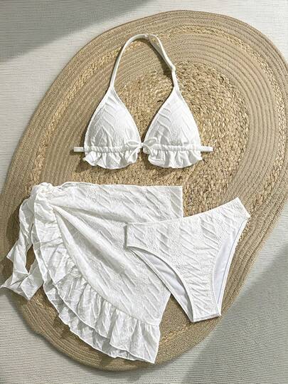 SHEIN Bộ bikini mùa hè không tay dành cho thiếu nữ, chất liệu jacquard, xếp ly trang trí, gồm áo bikini buộc cổ và chân váy lưới màu mơ trơn, thích hợp cho kỳ nghỉ hè, lễ hội, đi biển. Bộ đồ mùa hè cho nữ, bộ bikini trắng kèm áo khoác ngoài, trang phục mùa hè cho nữ, đồ bơi đi biển.