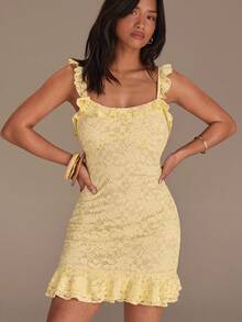 Athîral Women's Casual Vacation Knit Lace Yellow Spaghetti Strap Mini Dress,Summer Dresses For Women - Light Yellow - View 4